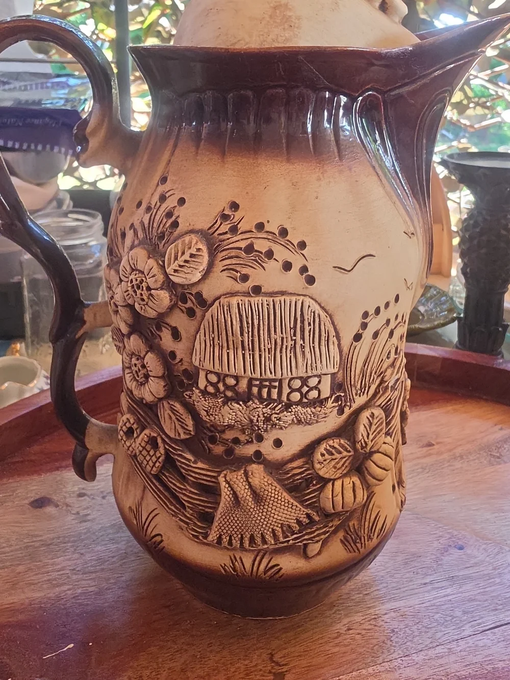 Handcrafted Beige and Brown Ceramic Pitcher with Matching Mugs Cottagecore